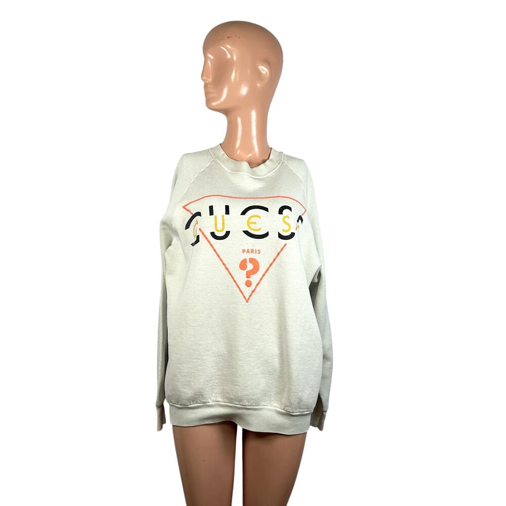 VTG 80s Guess Paris M White Sweatshirt Triangle Logo Dolman Sleeve Streetwear